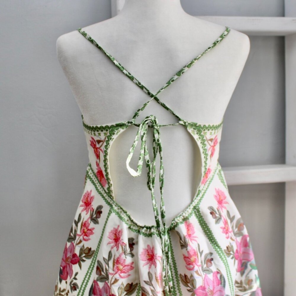 Women's White Multicolor Empire Waist Open-Back Spaghetti Strap Dress Size Small - Picture 2 of 5